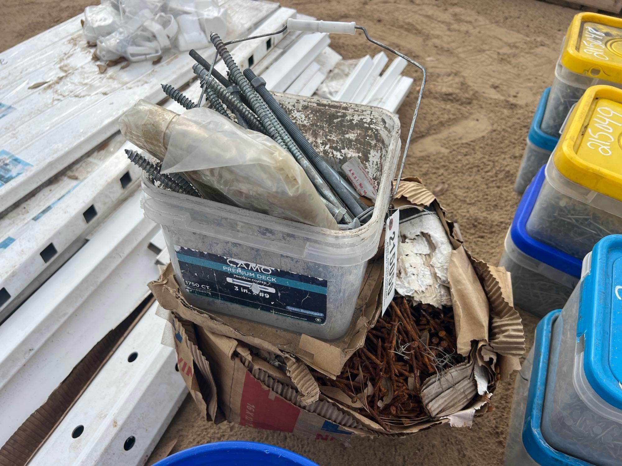 (2) BUCKET & BOX OF ASSORTED BOLTS & NAILS (A64281)