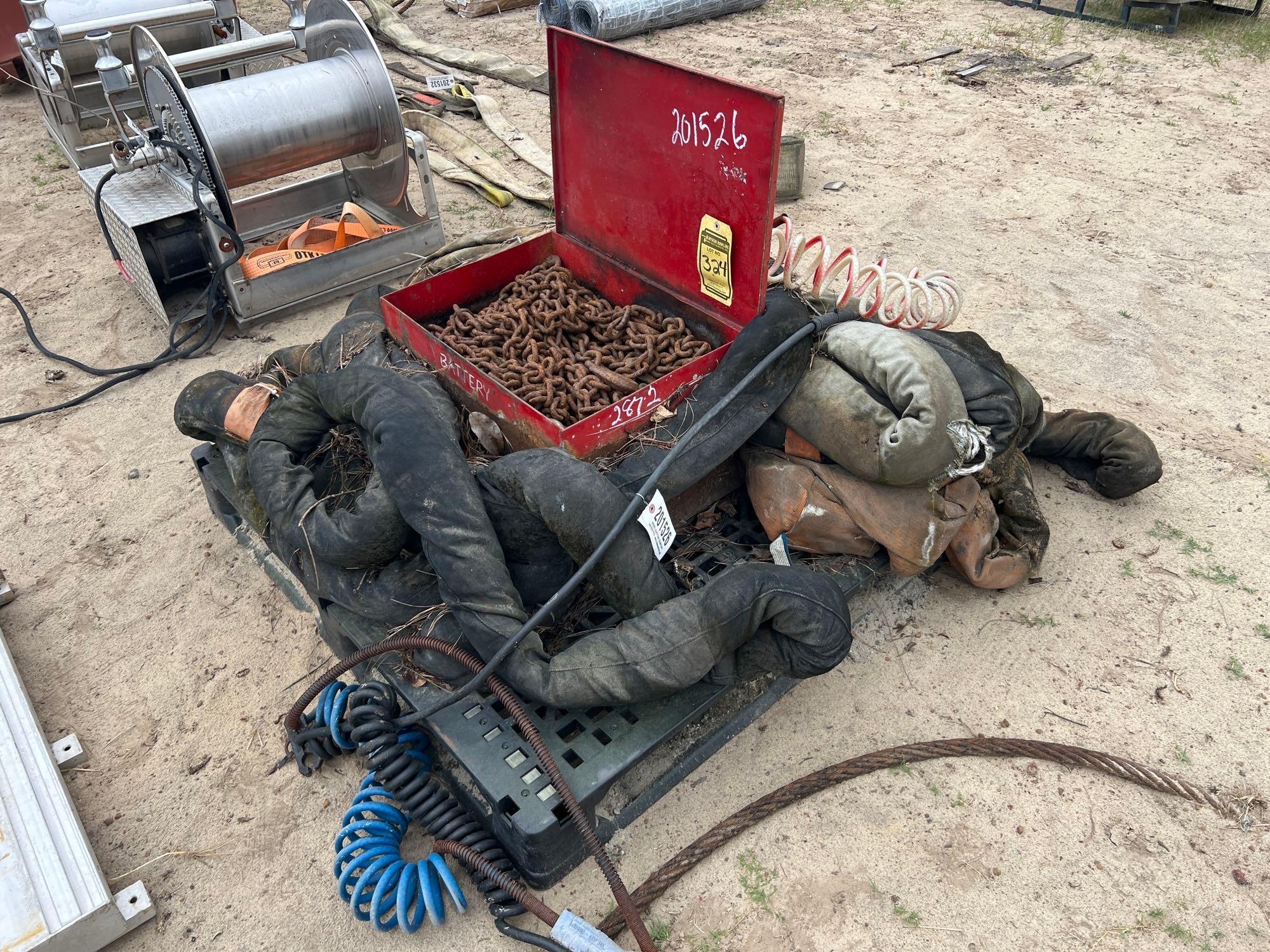 PALLET OF NYLON SLINGS, METAL TOOLBOX W/ CHAINS (A54756)