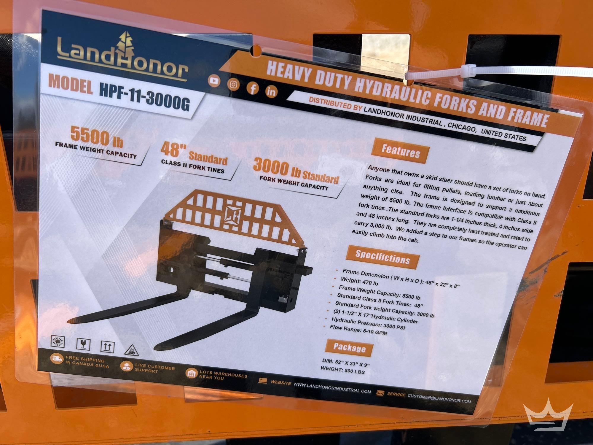 Land Honor HPF-11-3000G Heavy Duty Hydraulic Forks and Frame Skid Steer Attachment (A60352)