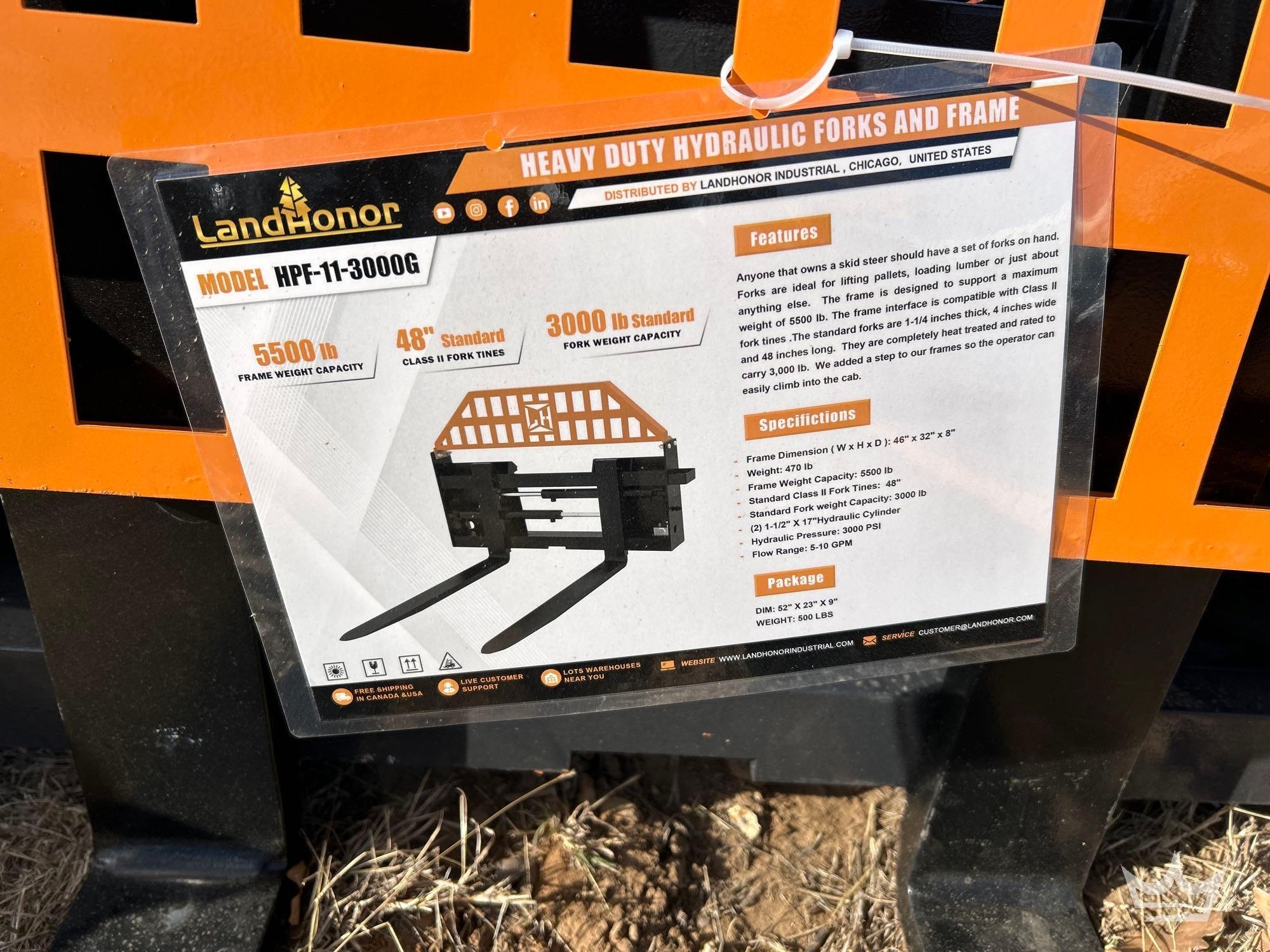 Land Honor HPF-11-3000G Heavy Duty Hydraulic Forks and Frame Skid Steer Attachment (A60352)