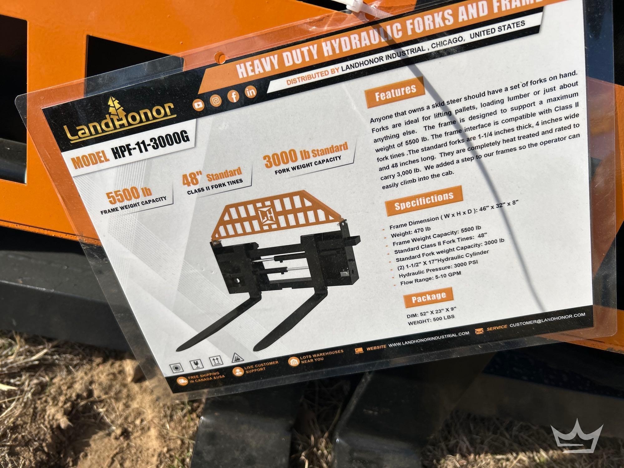 Land Honor HPF-11-3000G Heavy Duty Hydraulic Forks and Frame Skid Steer Attachment (A60352)