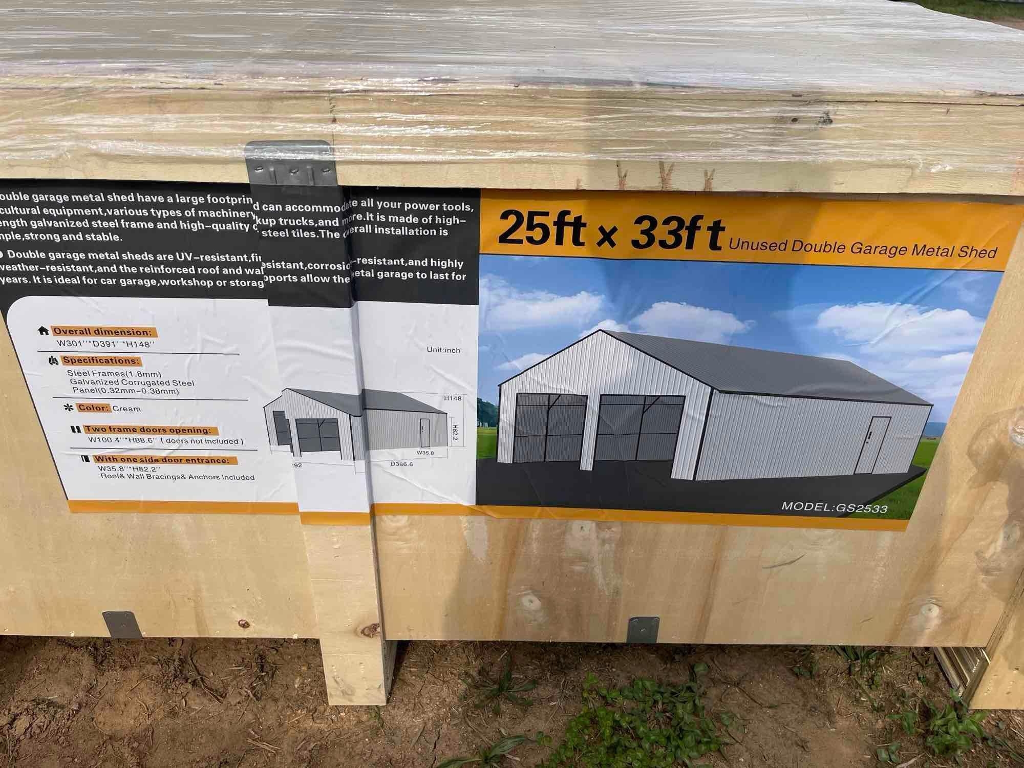 New/Unused 25ftX33ft Double Garage Metal Shed (A65583)