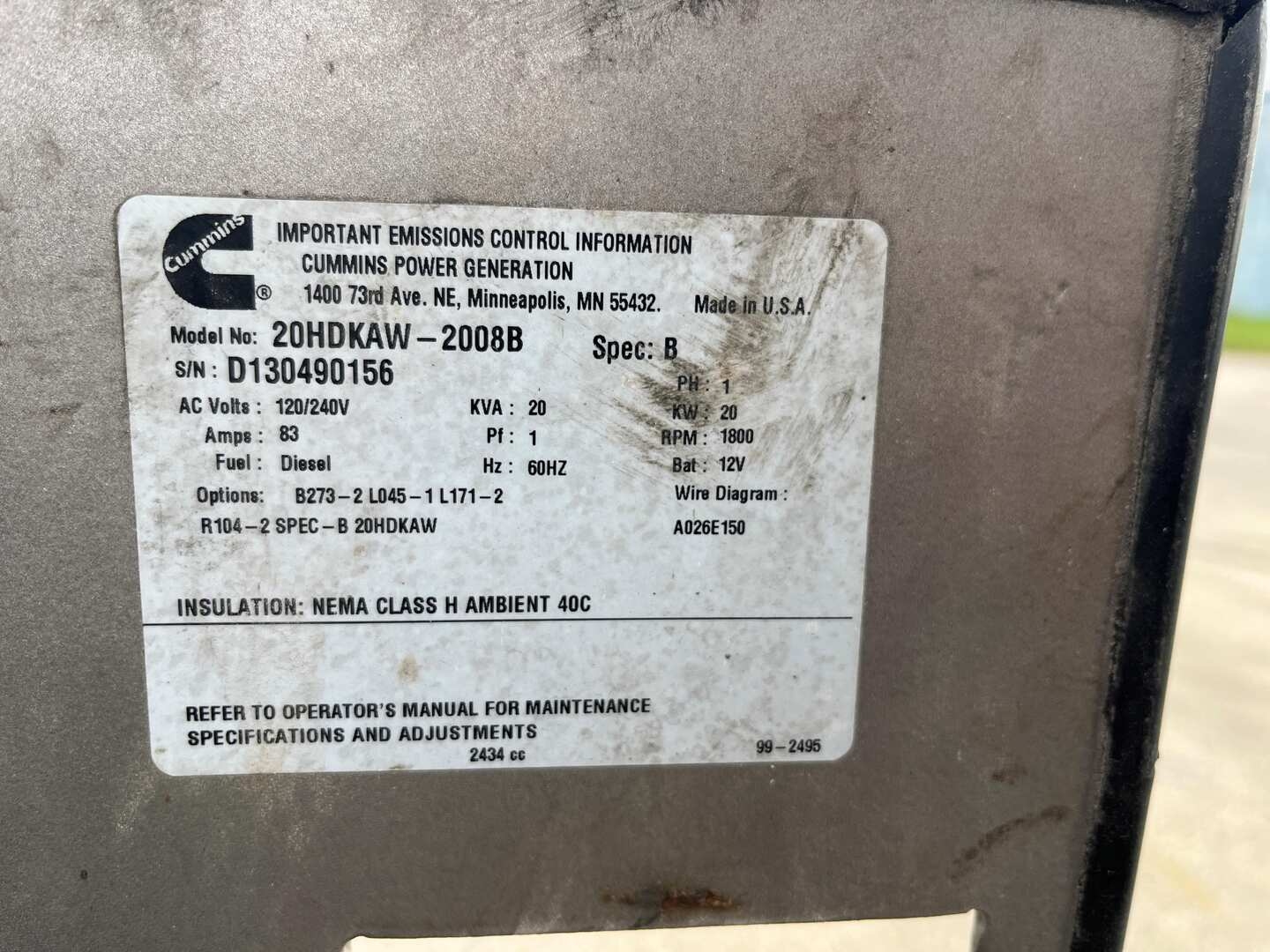 CUMMINS ONAN SD 2000 GENERATOR (A55745)