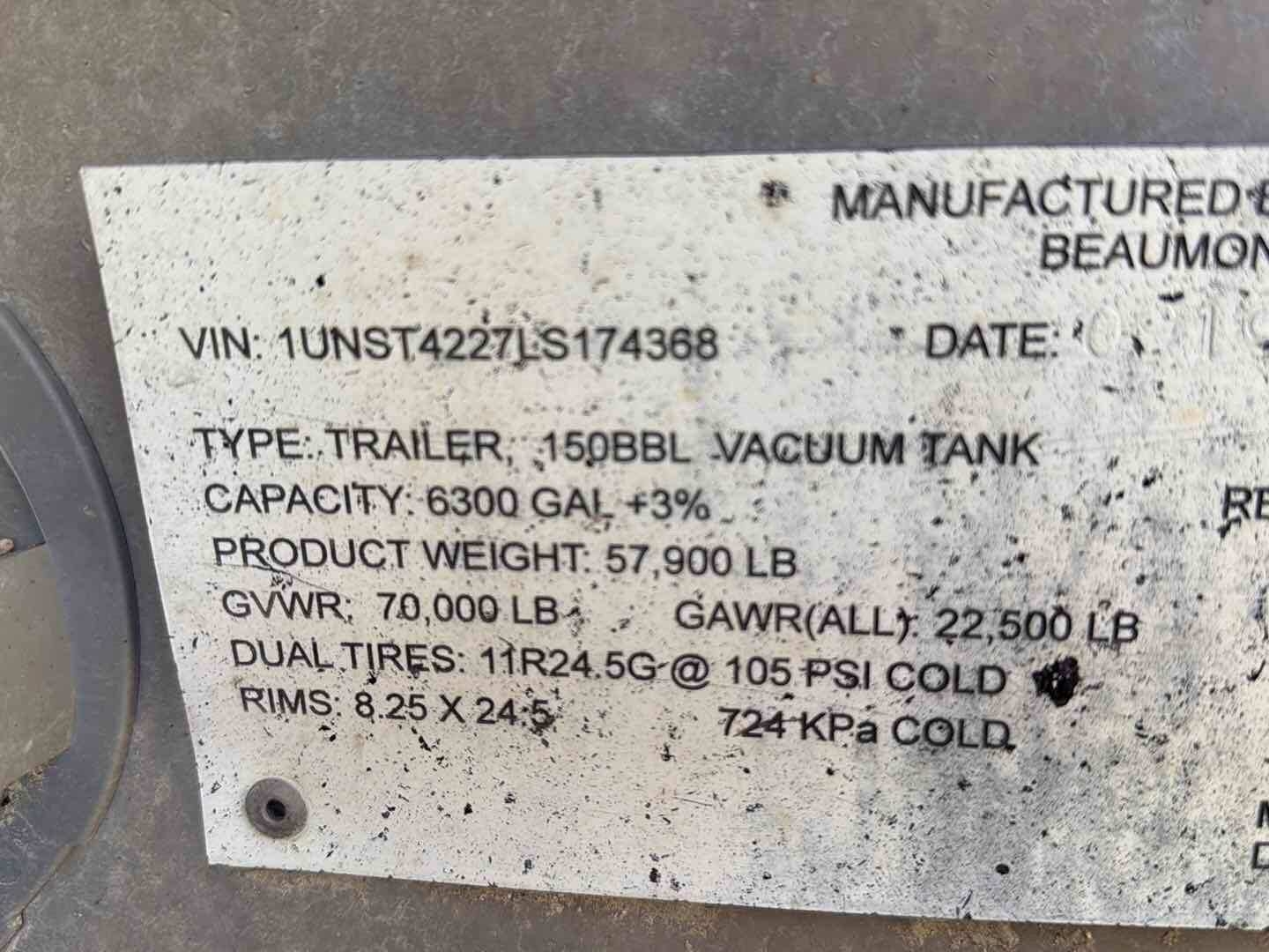 2020 DRAGON ESP 150BBL ALUMINUM (A58214)