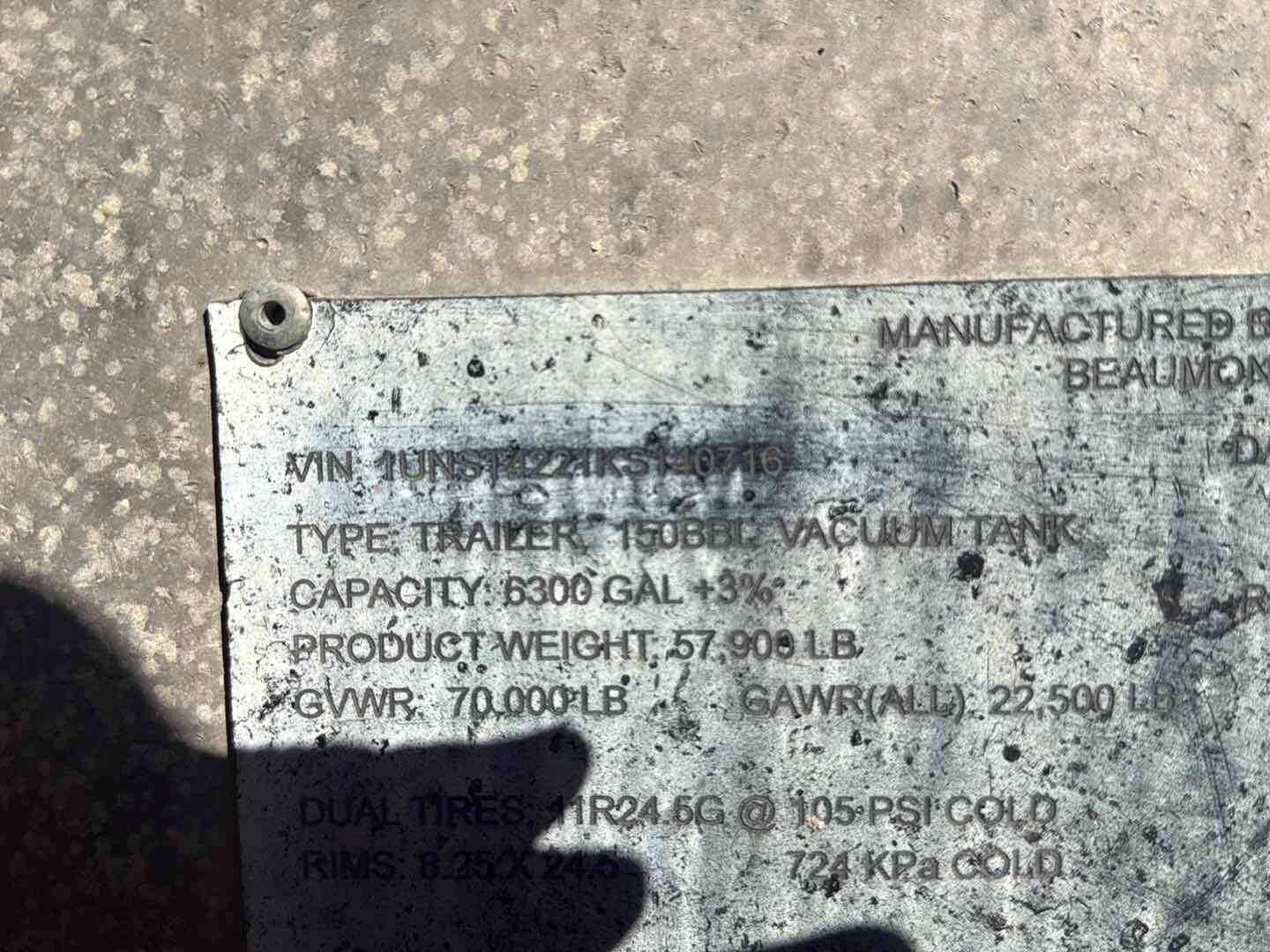 2019 DRAGON ESP 150BBL ALUMINUM (A58214)