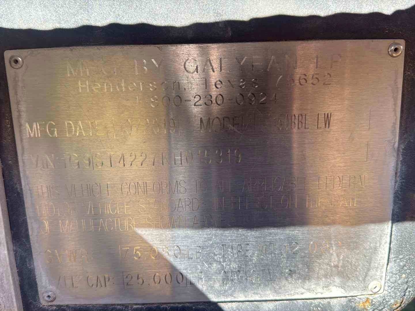 2019 GALYEAN EQUIPMENT CO. 150BBL STEEL (A58214)