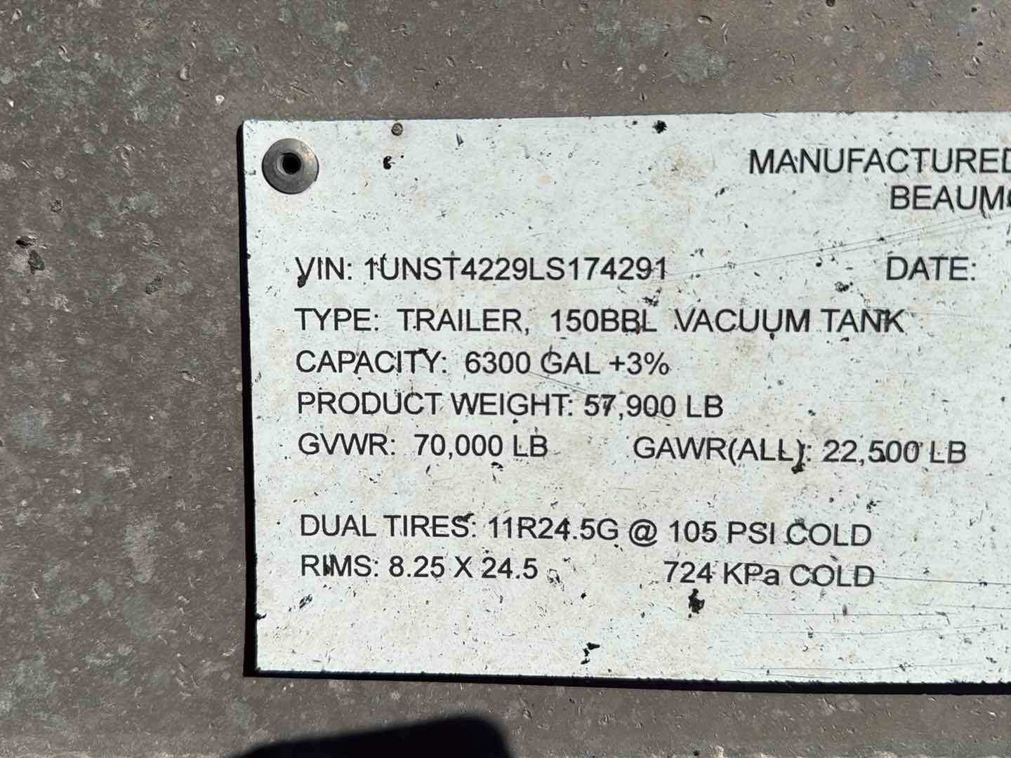 2020 DRAGON ESP 150BBL ALUMINUM (A58214)