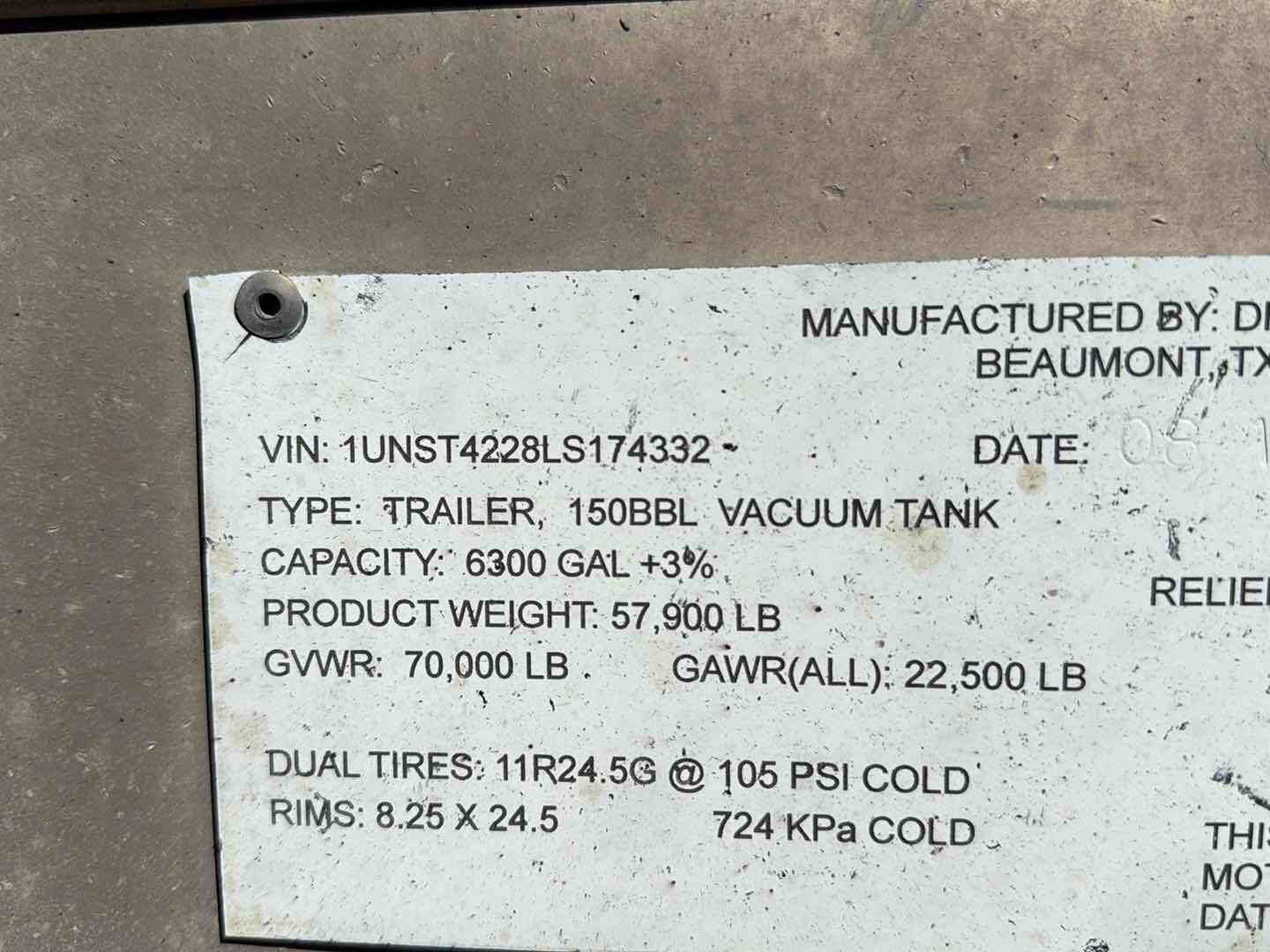 2020 DRAGON ESP 150BBL ALUMINUM (A58214)