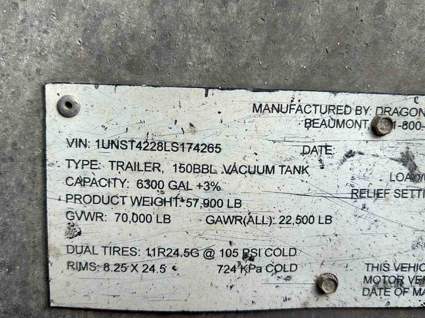 2020 DRAGON 150BBL ALUMINUM (A58214)