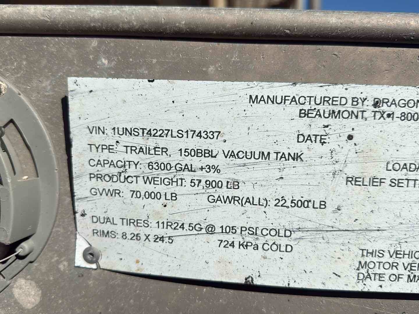 2020 DRAGON ESP 150BBL ALUMINUM (A58214)