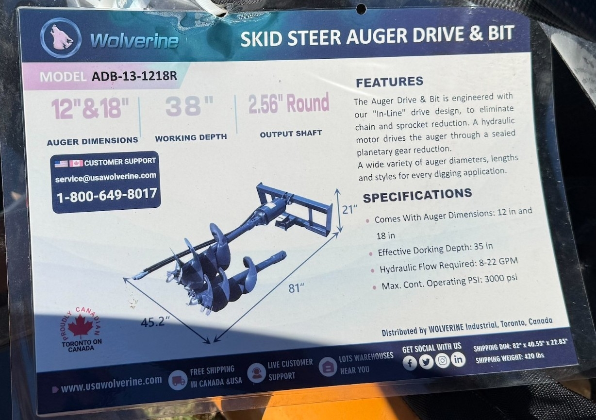 NEW Wolverine Skid Steer Auger Drive And Bit (A59000)