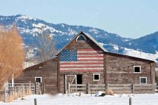 US Flag on barn with snow-capped mountains in background-2.jpg